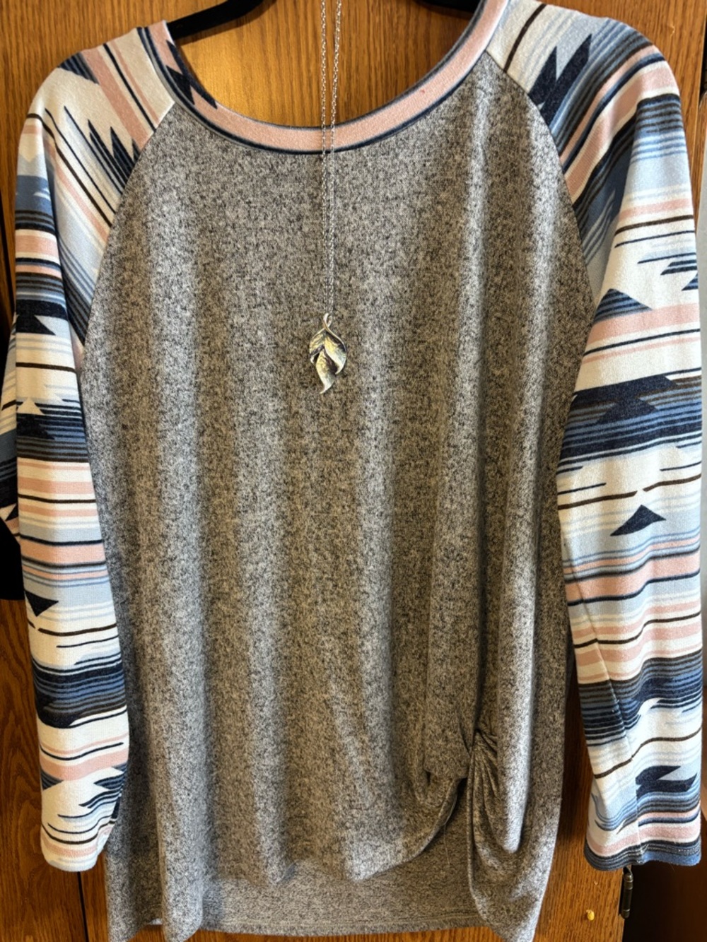 Women's Gray Raglan Sleeve Top with Patterned Pink & Blue Sleeves